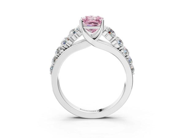 White gold Fancy Pink Radiant Cut Brilliant Diamond Pavé Band with Six-Prong Setting