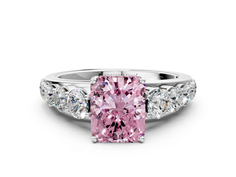 White gold Fancy Pink Radiant Cut Brilliant Diamond Pavé Band with Six-Prong Setting