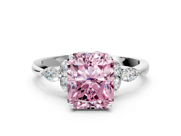 Platinum Fancy Pink Radiant Cut Brilliant Diamond Solitaire Ring with Pear Side Stones and Four-Prong Setting