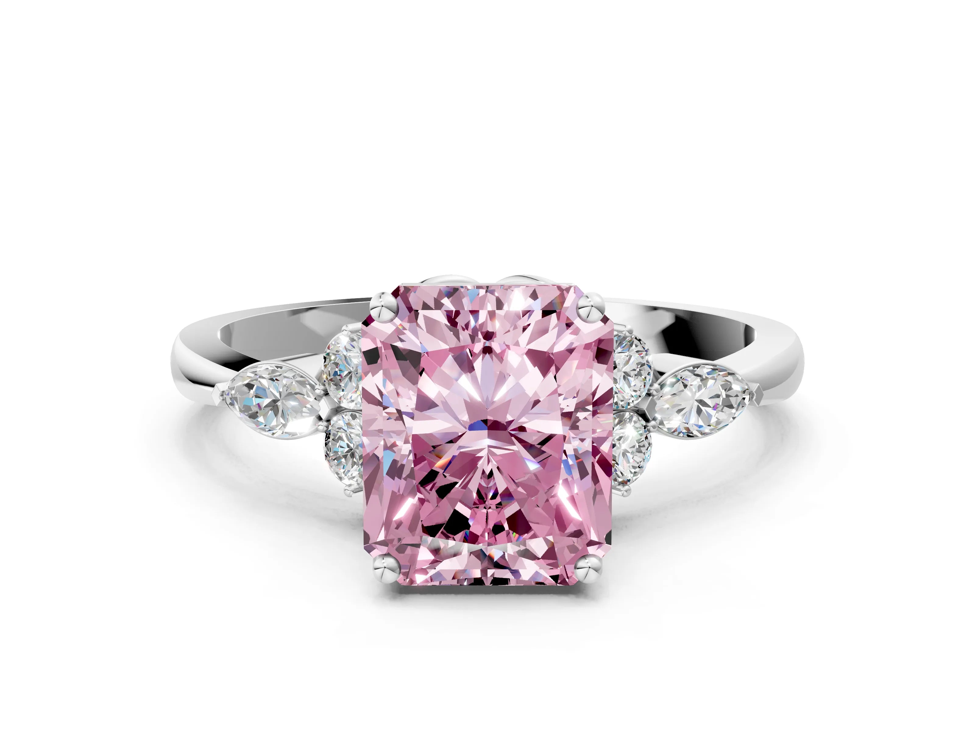 White gold Fancy Pink Radiant Cut Brilliant Diamond Solitaire Ring with Pear Side Stones and Four-Prong Setting_6
