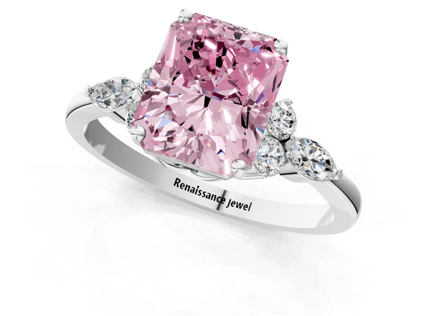 Platinum Fancy Pink Radiant Cut Brilliant Diamond Solitaire Ring with Pear Side Stones and Four-Prong Setting