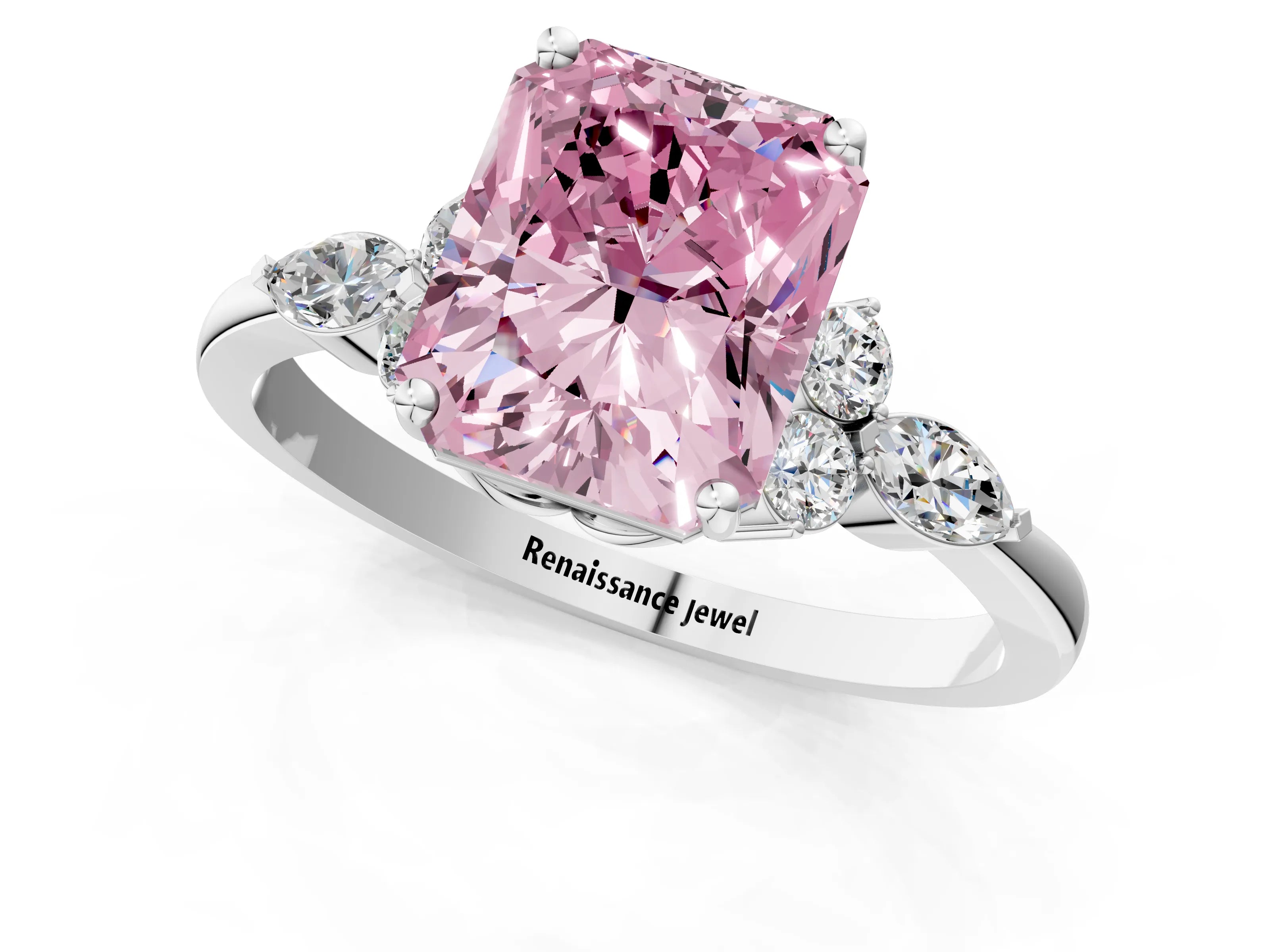 White gold Fancy Pink Radiant Cut Brilliant Diamond Solitaire Ring with Pear Side Stones and Four-Prong Setting_7