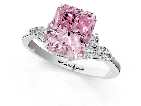 White gold Fancy Pink Radiant Cut Brilliant Diamond Solitaire Ring with Pear Side Stones and Four-Prong Setting_7