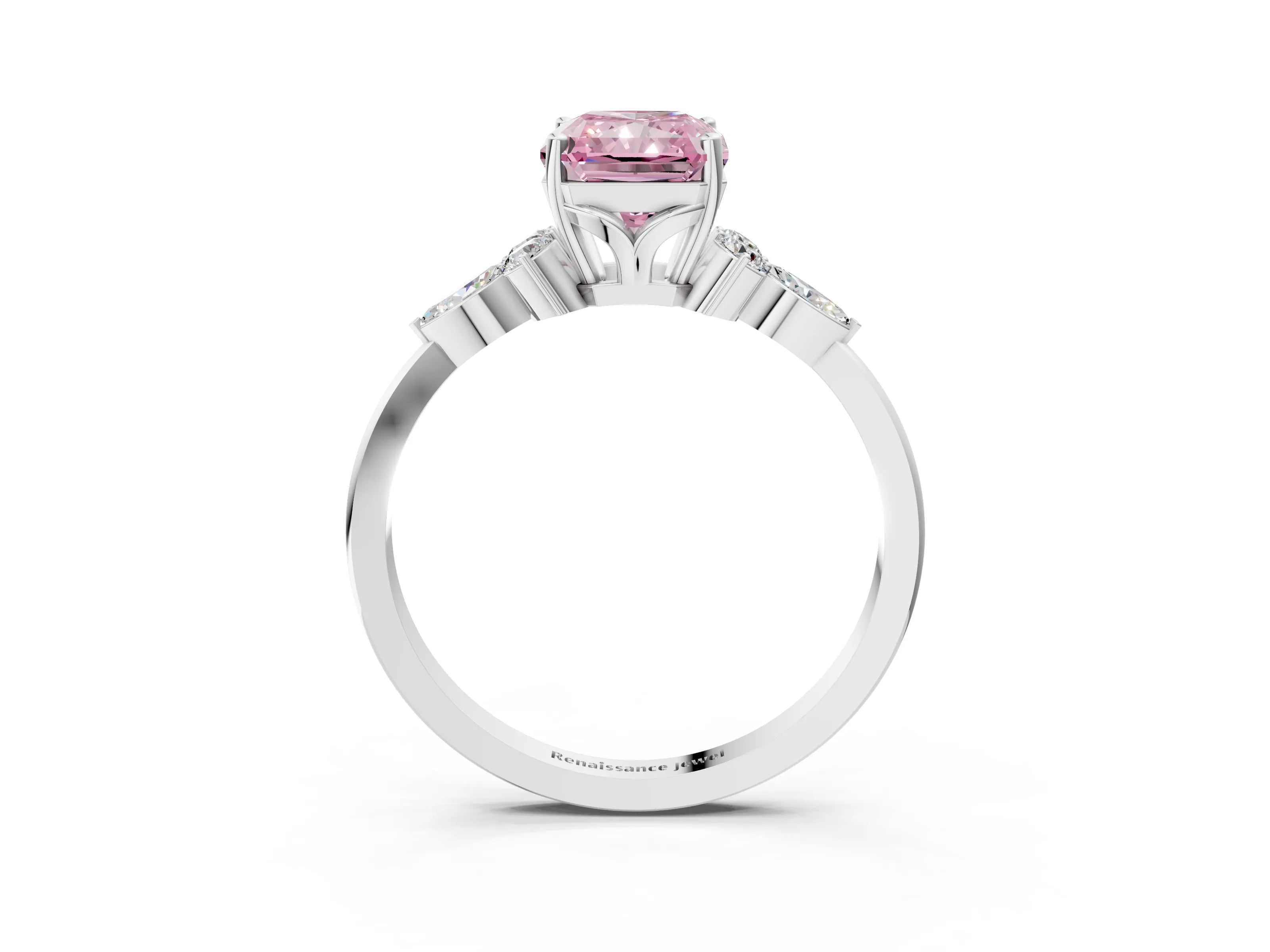 White gold Fancy Pink Radiant Cut Brilliant Diamond Solitaire Ring with Pear Side Stones and Four-Prong Setting_9