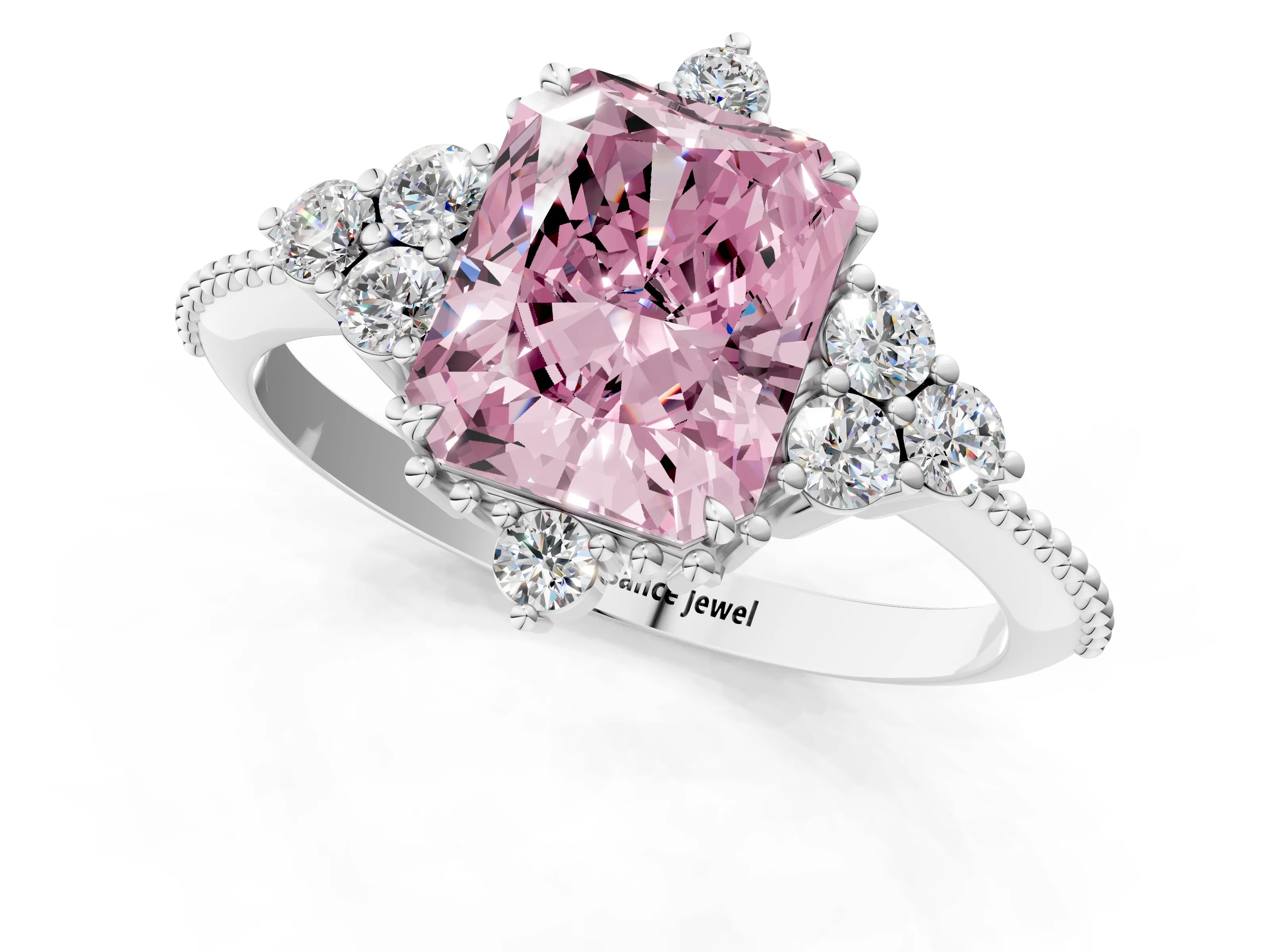 White gold Fancy Pink Radiant Cut Brilliant Diamond with Cluster Setting on a Beaded Band and Four-Prong Setting_13