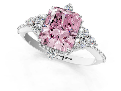 White gold Fancy Pink Radiant Cut Brilliant Diamond with Cluster Setting on a Beaded Band and Four-Prong Setting_13