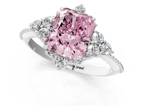 White gold Fancy Pink Radiant Cut Brilliant Diamond with Cluster Setting on a Beaded Band and Four-Prong Setting_1