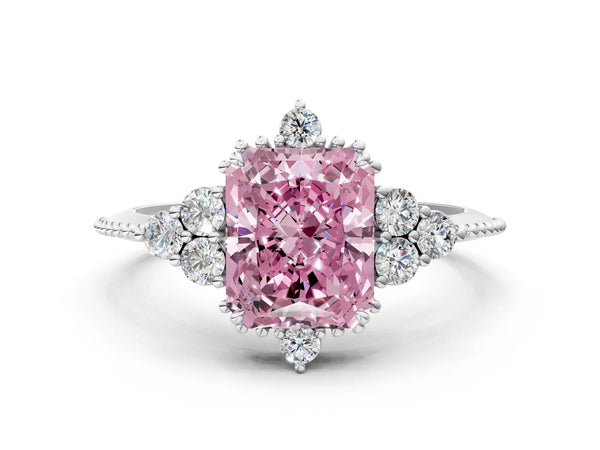 Platinum Fancy Pink Radiant Cut Brilliant Diamond with Cluster Setting on a Beaded Band and Four-Prong Setting