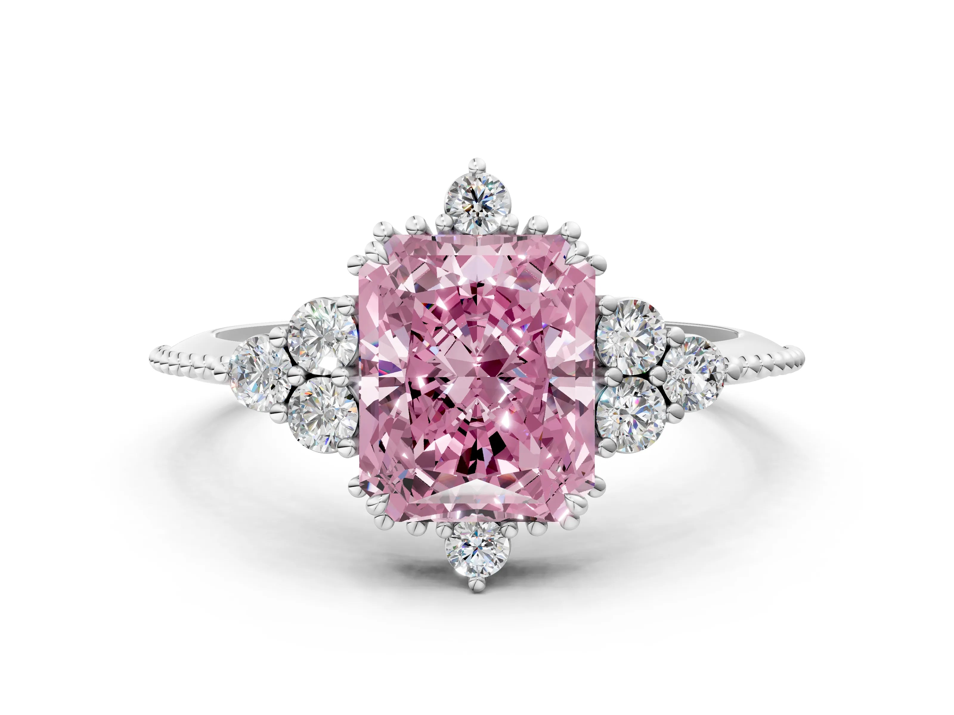 White gold Fancy Pink Radiant Cut Brilliant Diamond with Cluster Setting on a Beaded Band and Four-Prong Setting_24