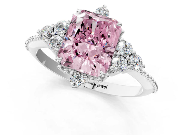 Platinum Fancy Pink Radiant Cut Brilliant Diamond with Cluster Setting on a Beaded Band and Four-Prong Setting
