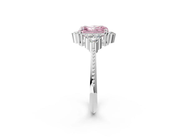 Platinum Fancy Pink Radiant Cut Brilliant Diamond with Cluster Setting on a Beaded Band and Four-Prong Setting