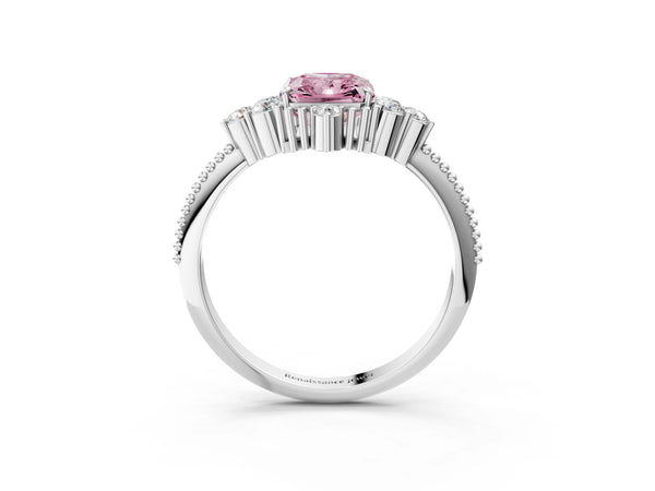 Platinum Fancy Pink Radiant Cut Brilliant Diamond with Cluster Setting on a Beaded Band and Four-Prong Setting