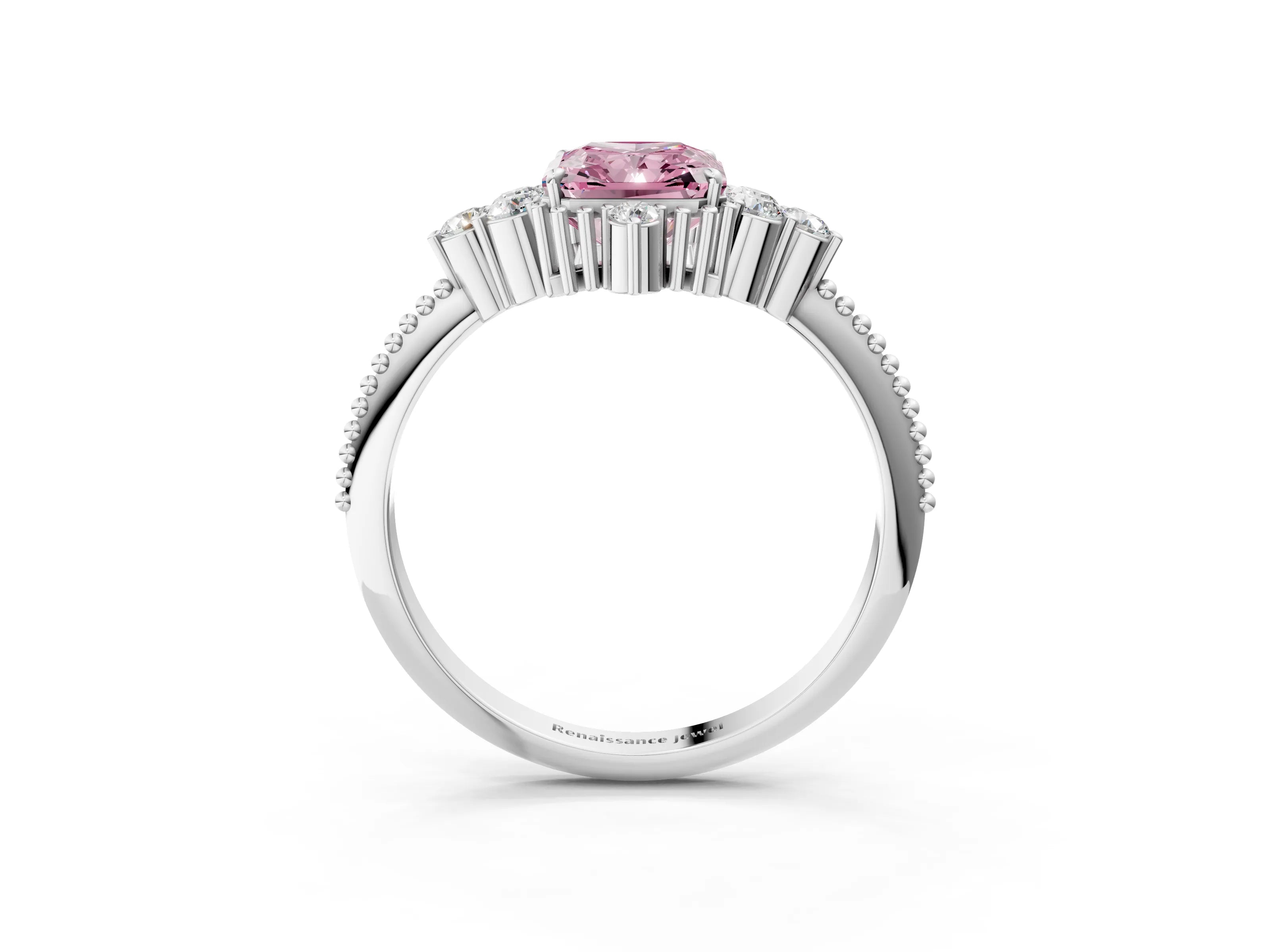 White gold Fancy Pink Radiant Cut Brilliant Diamond with Cluster Setting on a Beaded Band and Four-Prong Setting_3