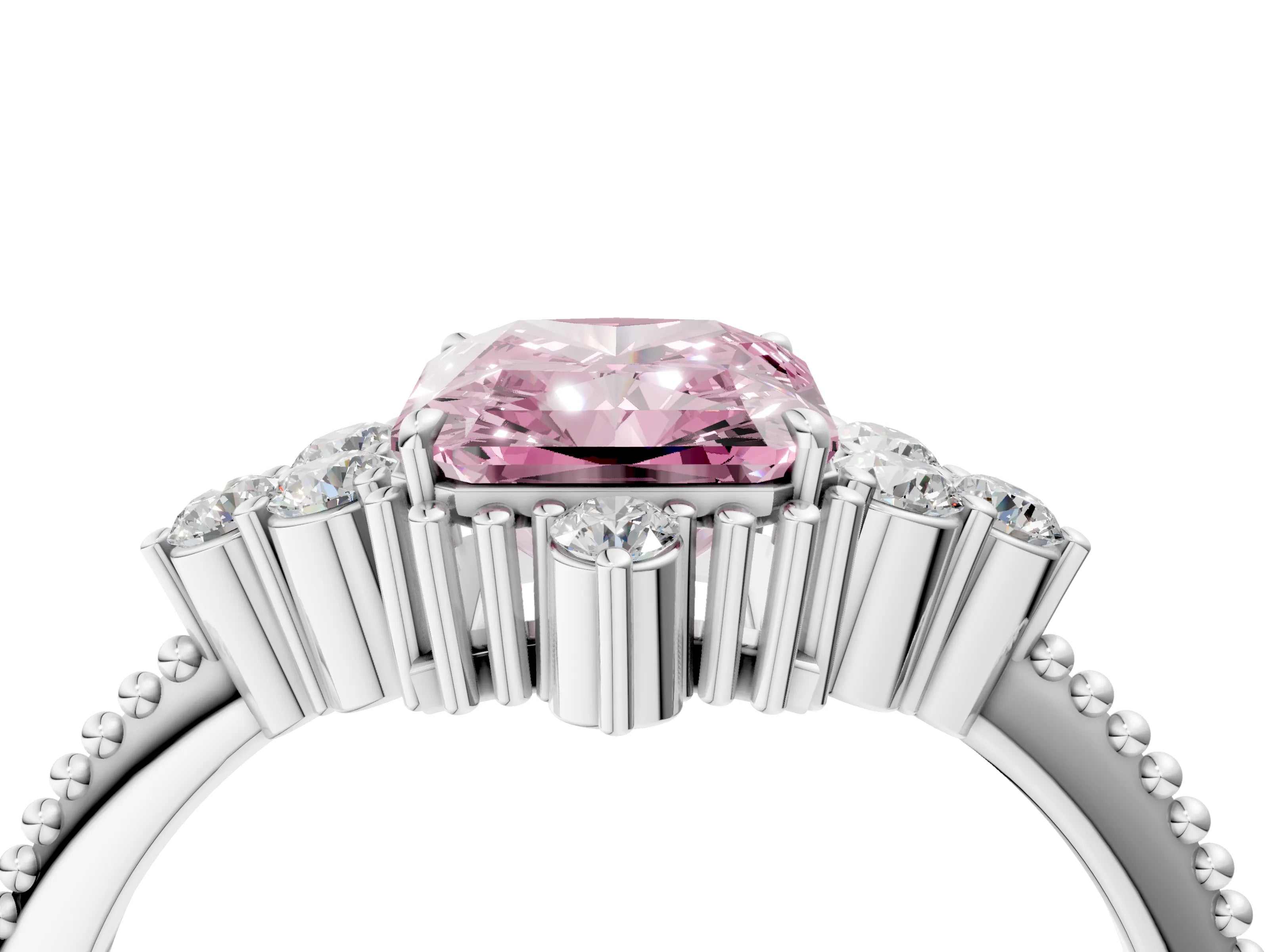 White gold Fancy Pink Radiant Cut Brilliant Diamond with Cluster Setting on a Beaded Band and Four-Prong Setting_4