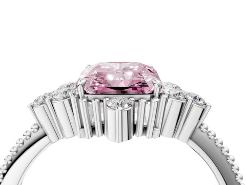 White gold Fancy Pink Radiant Cut Brilliant Diamond with Cluster Setting on a Beaded Band and Four-Prong Setting_4