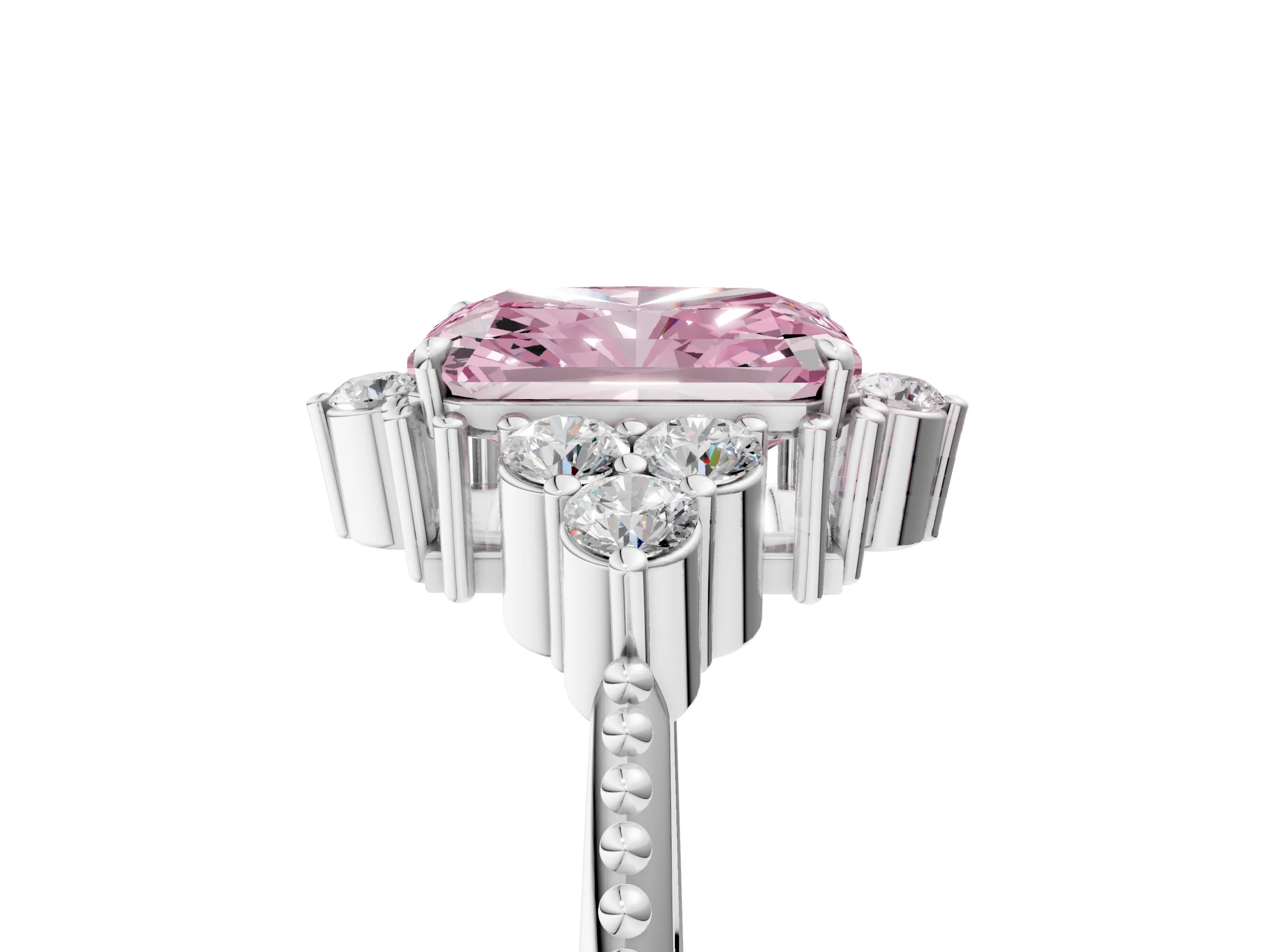 White gold Fancy Pink Radiant Cut Brilliant Diamond with Cluster Setting on a Beaded Band and Four-Prong Setting_5