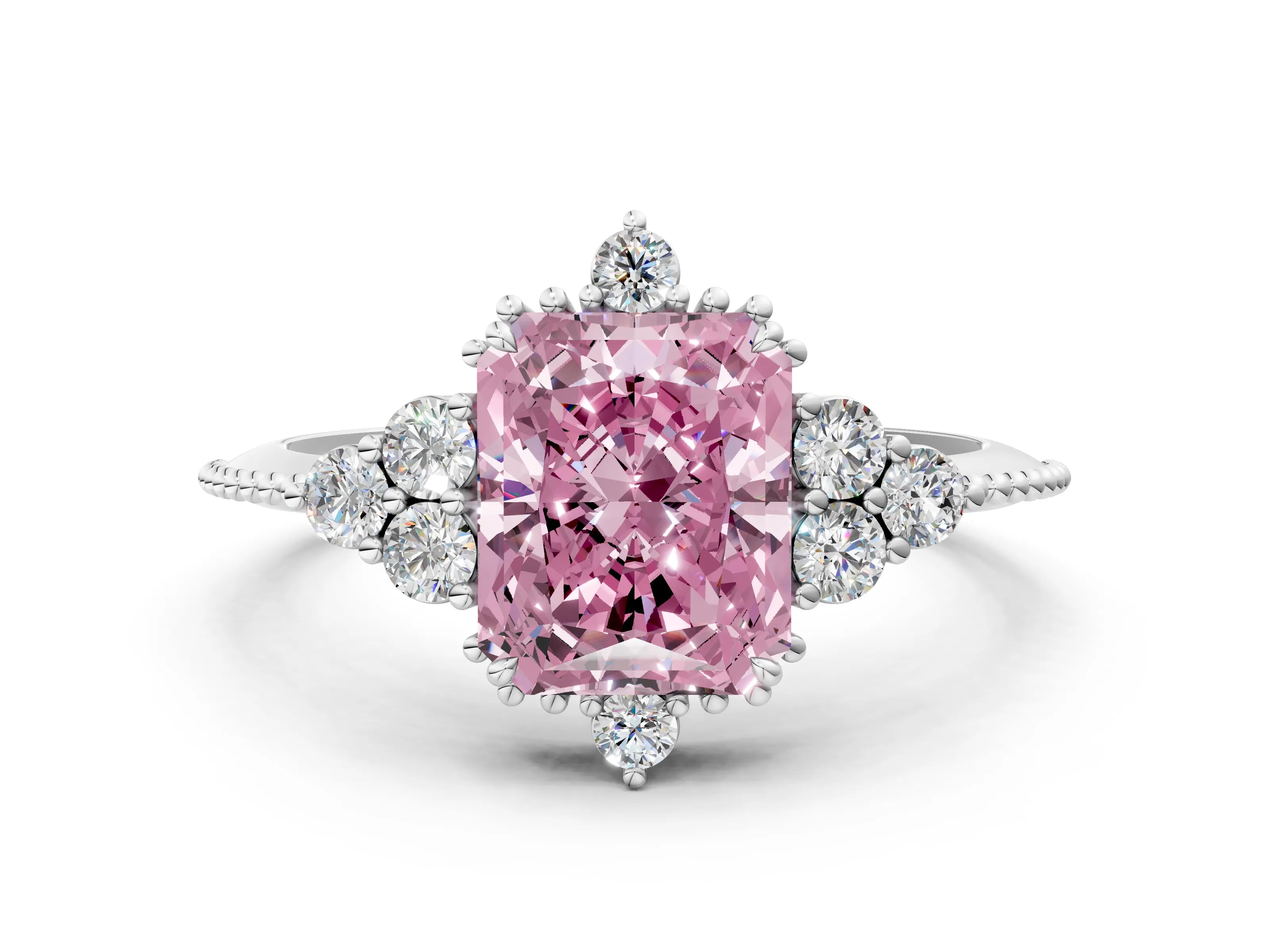 White gold Fancy Pink Radiant Cut Brilliant Diamond with Cluster Setting on a Beaded Band and Four-Prong Setting