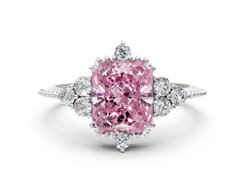 White gold Fancy Pink Radiant Cut Brilliant Diamond with Cluster Setting on a Beaded Band and Four-Prong Setting