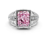 White gold Fancy Pink Radiant Cut Brilliant Milgrain Filigree Diamond Ring with Square Prong Setting