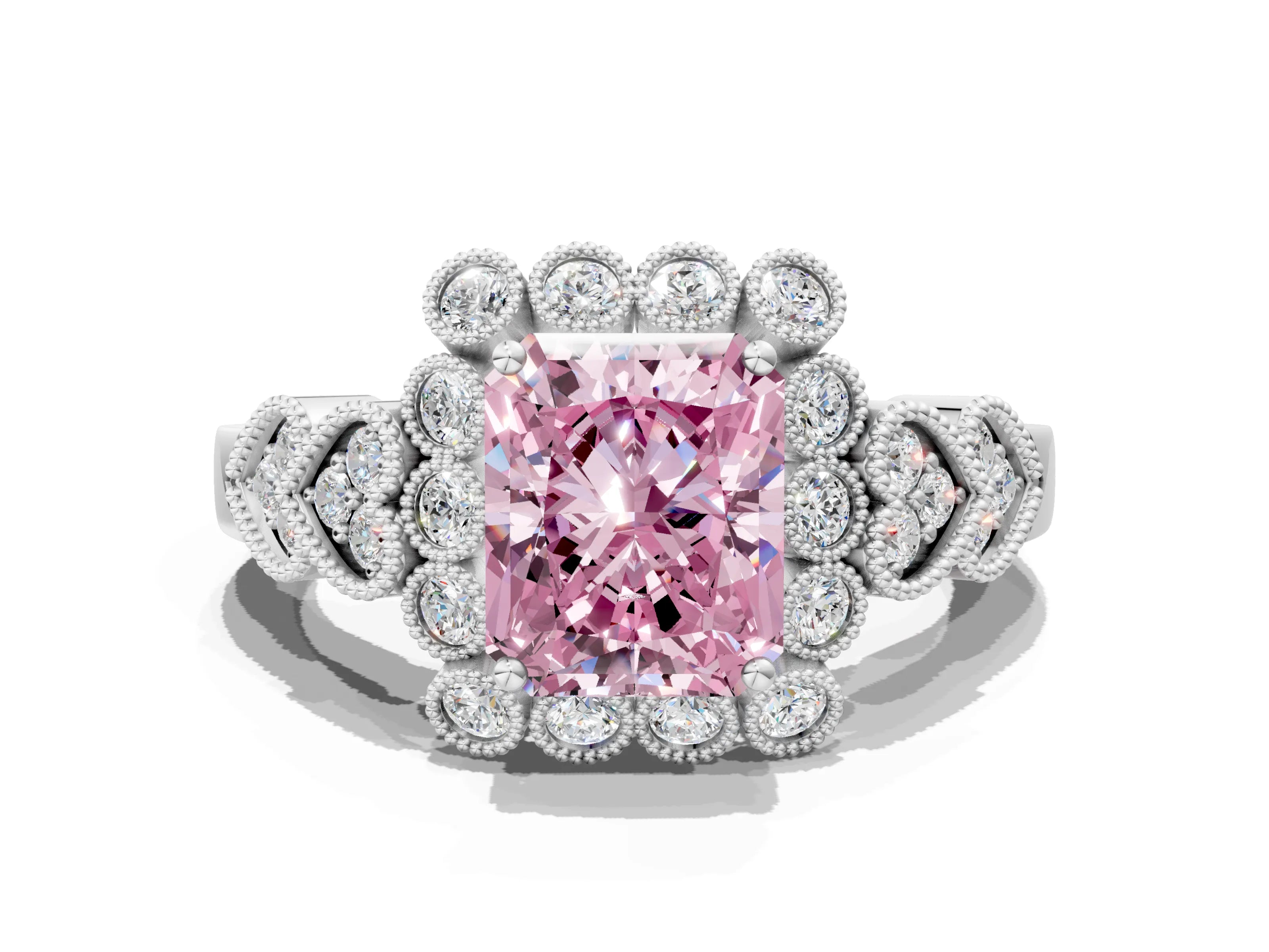 White gold Fancy Pink Radiant Cut Brilliant Milgrain Pave Heart Band Solitaire Ring_12