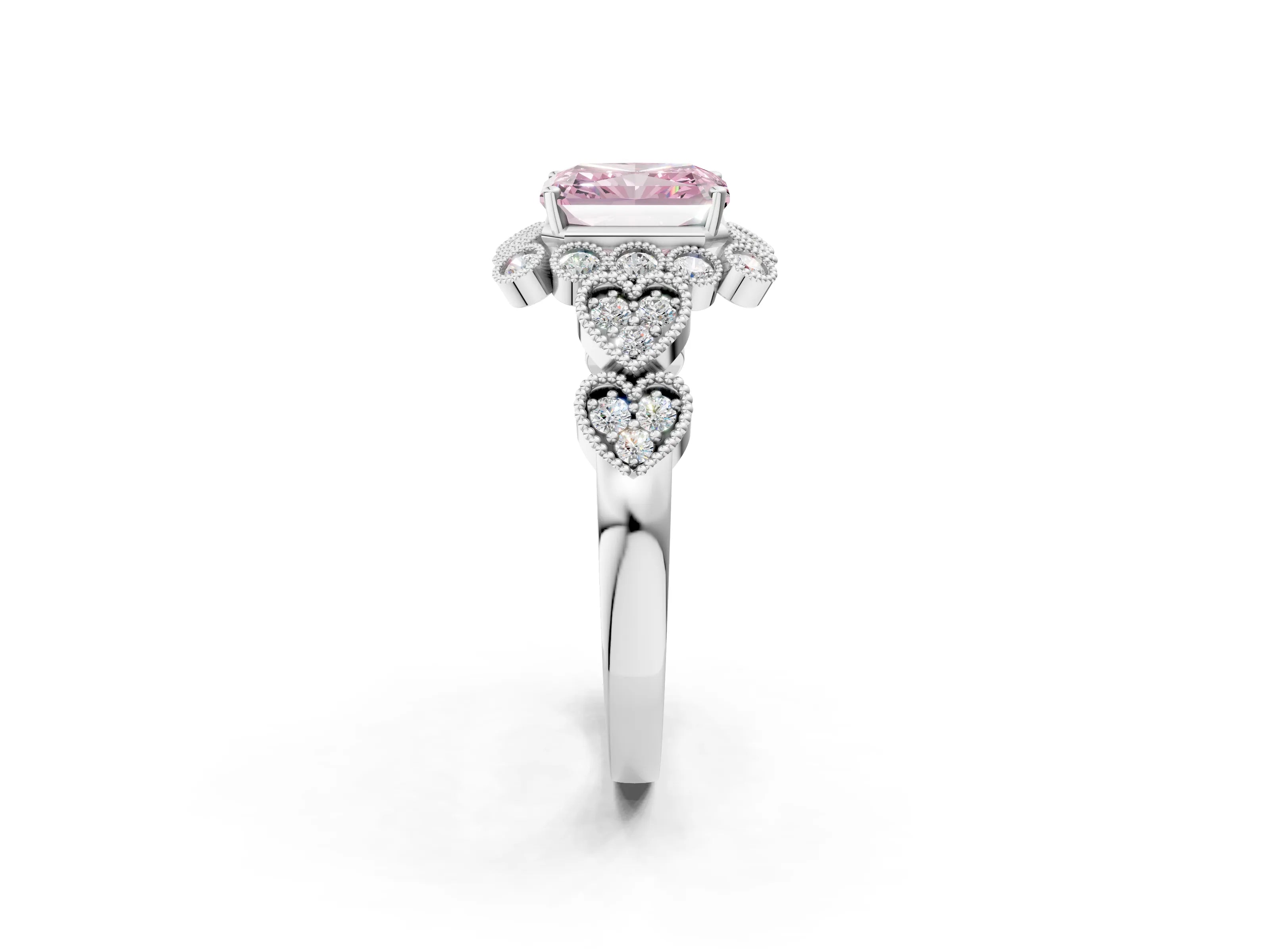 White gold Fancy Pink Radiant Cut Brilliant Milgrain Pave Heart Band Solitaire Ring_14