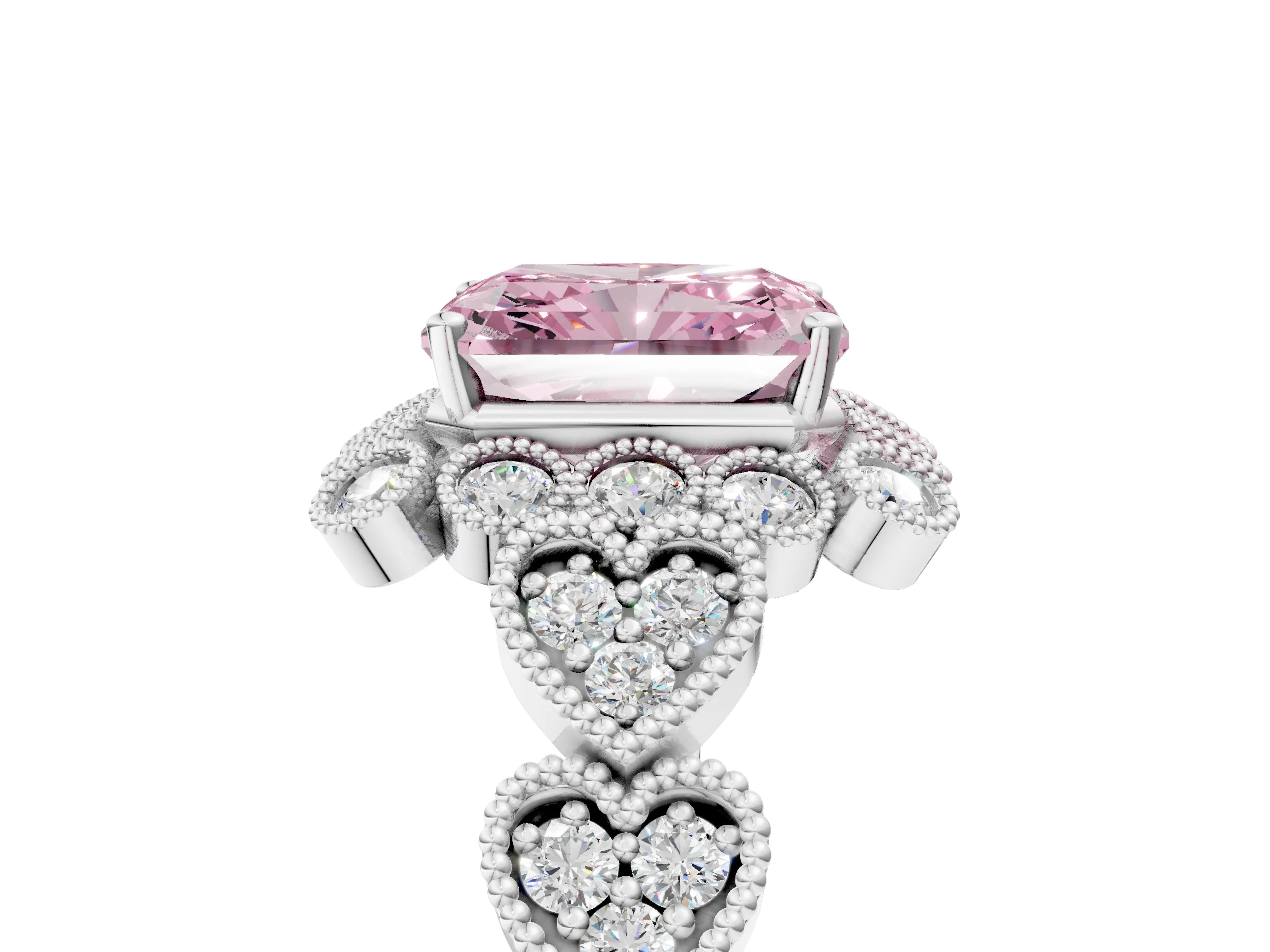 White gold Fancy Pink Radiant Cut Brilliant Milgrain Pave Heart Band Solitaire Ring_17