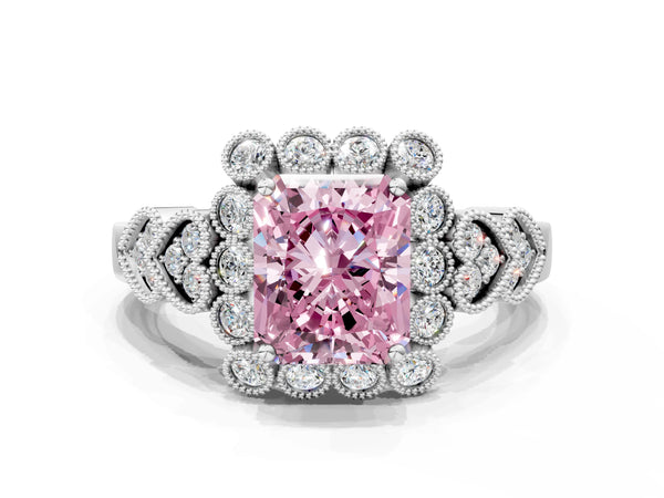 White gold Fancy Pink Radiant Cut Brilliant Milgrain Pave Heart Band Solitaire Ring