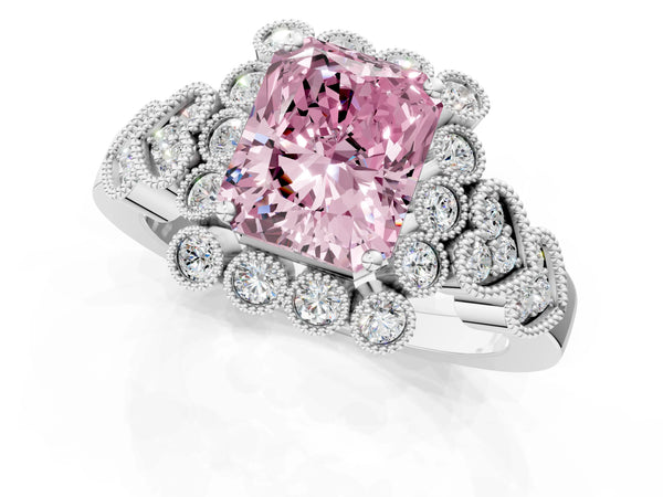 White gold Fancy Pink Radiant Cut Brilliant Milgrain Pave Heart Band Solitaire Ring