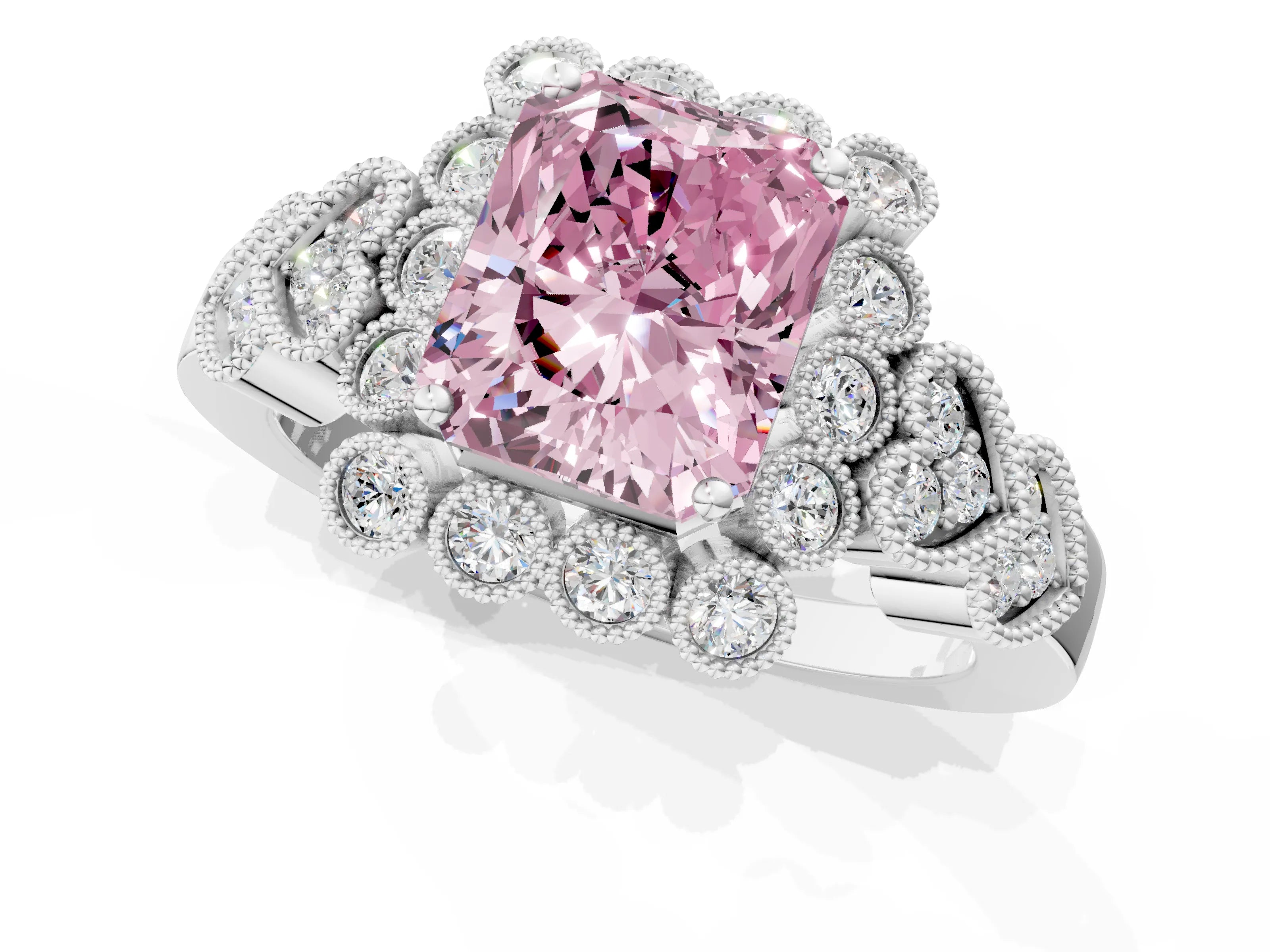 White gold Fancy Pink Radiant Cut Brilliant Milgrain Pave Heart Band Solitaire Ring_1