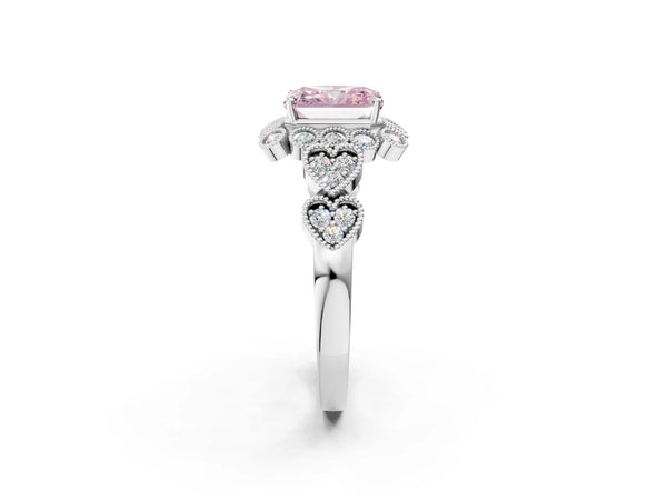White gold Fancy Pink Radiant Cut Brilliant Milgrain Pave Heart Band Solitaire Ring