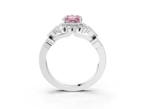 White gold Fancy Pink Radiant Cut Brilliant Milgrain Pave Heart Band Solitaire Ring
