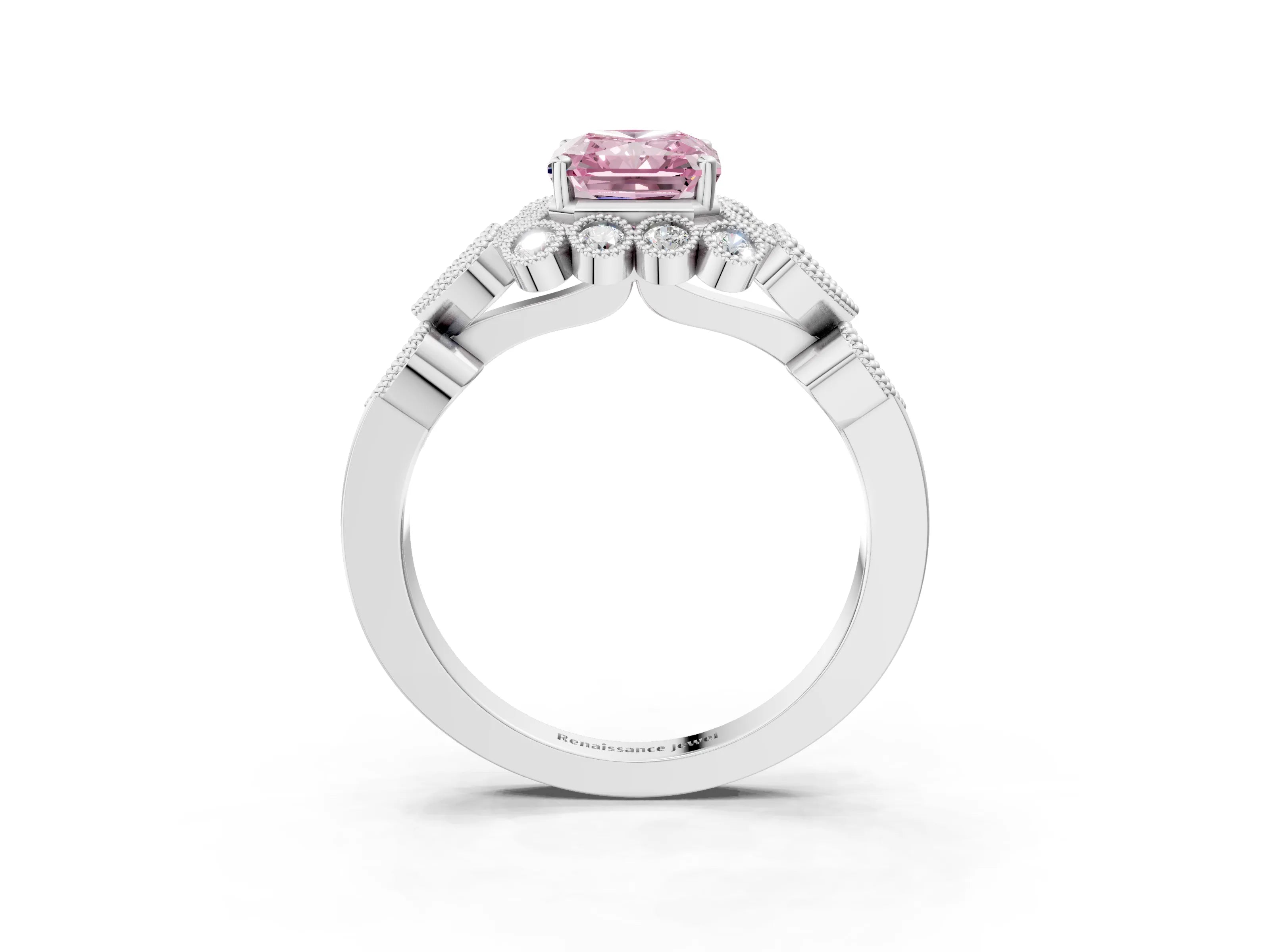 White gold Fancy Pink Radiant Cut Brilliant Milgrain Pave Heart Band Solitaire Ring_27