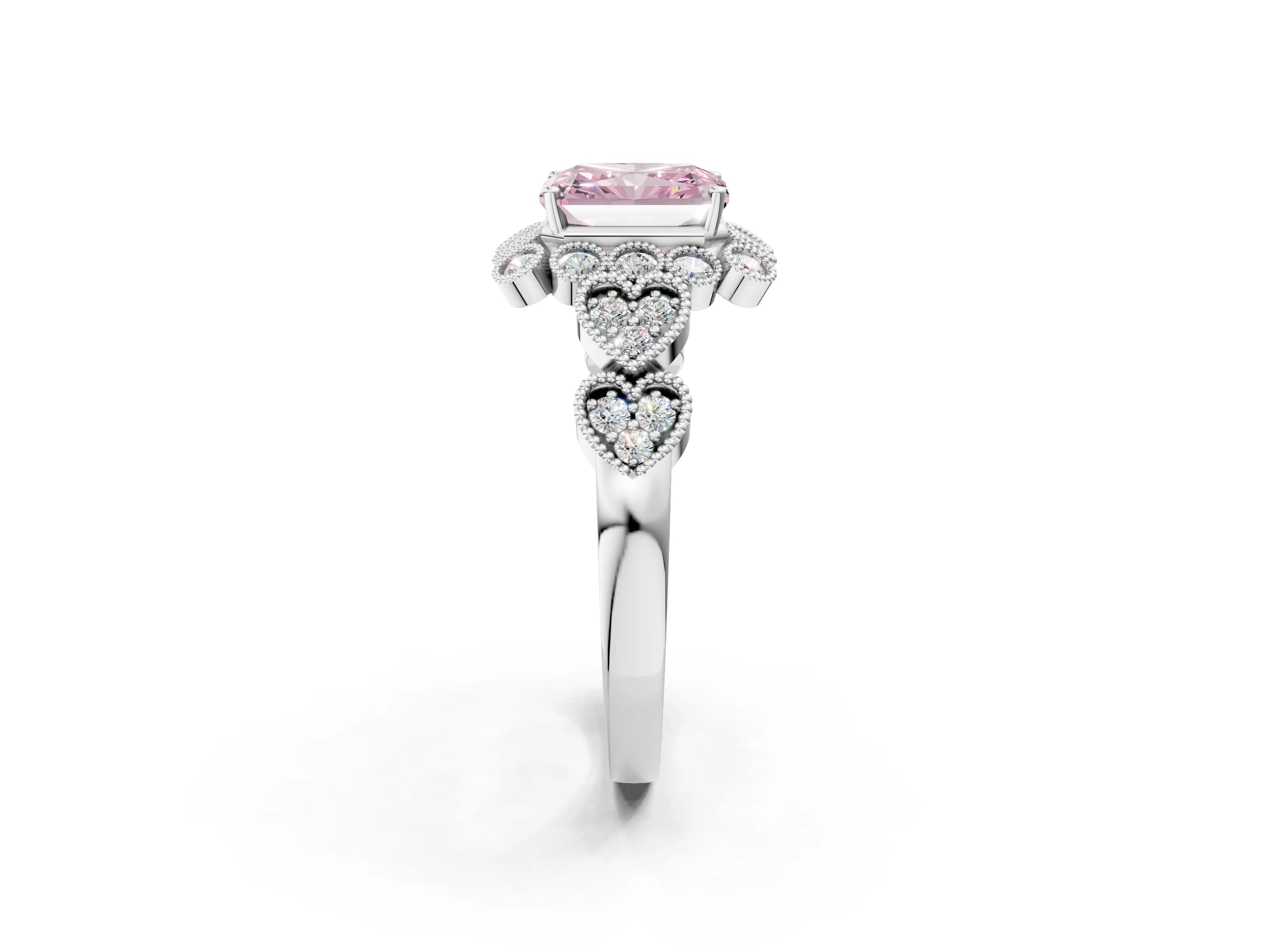 White gold Fancy Pink Radiant Cut Brilliant Milgrain Pave Heart Band Solitaire Ring_2