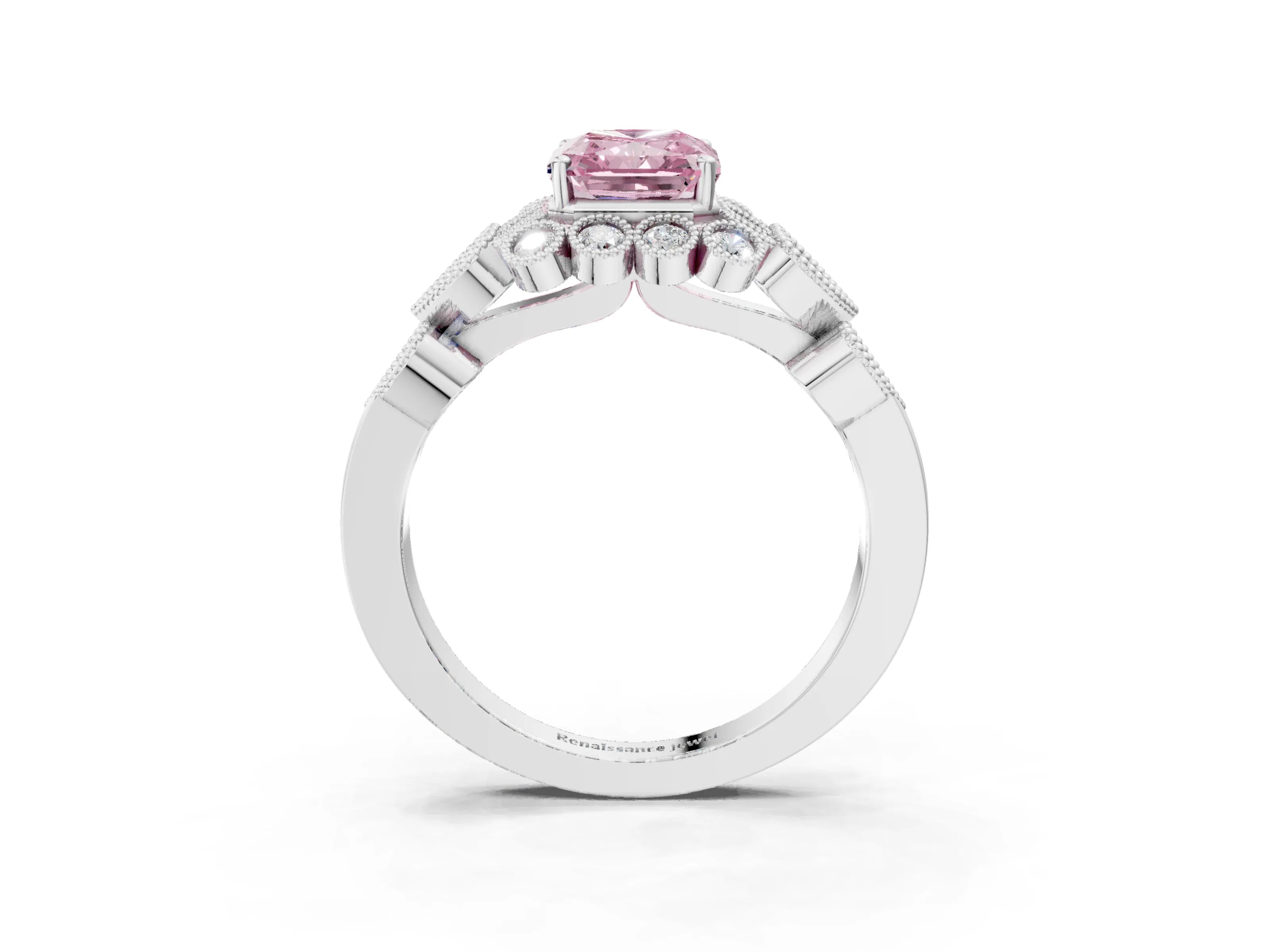 White gold Fancy Pink Radiant Cut Brilliant Milgrain Pave Heart Band Solitaire Ring_39