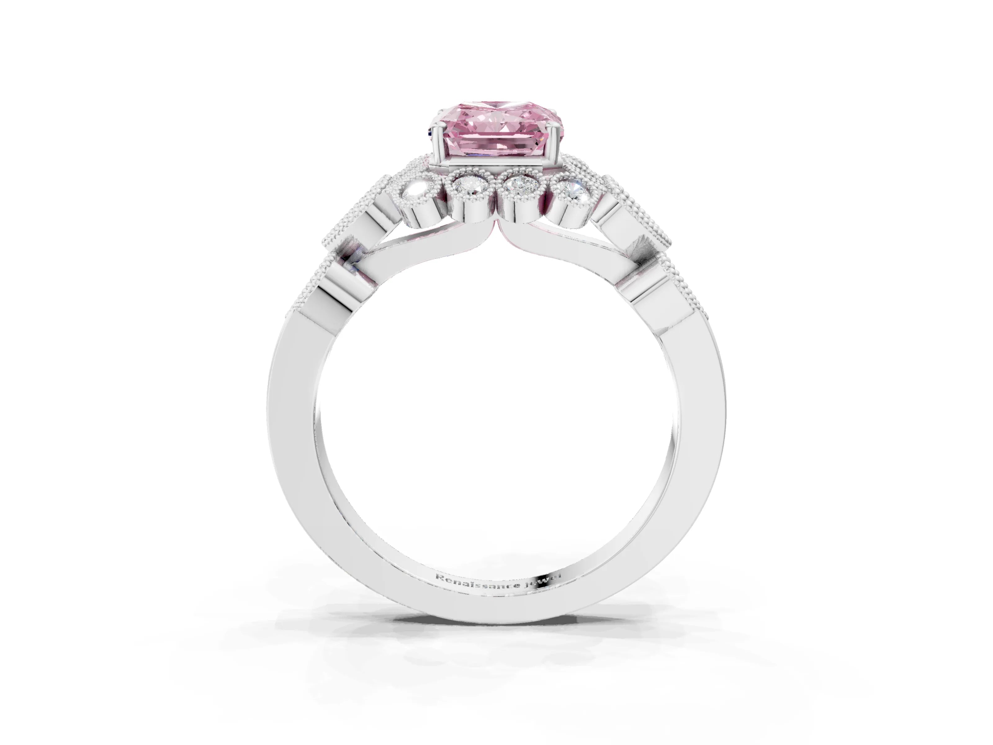 White gold Fancy Pink Radiant Cut Brilliant Milgrain Pave Heart Band Solitaire Ring_3