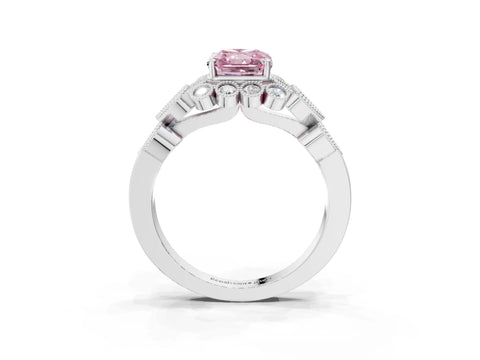 White gold Fancy Pink Radiant Cut Brilliant Milgrain Pave Heart Band Solitaire Ring_3