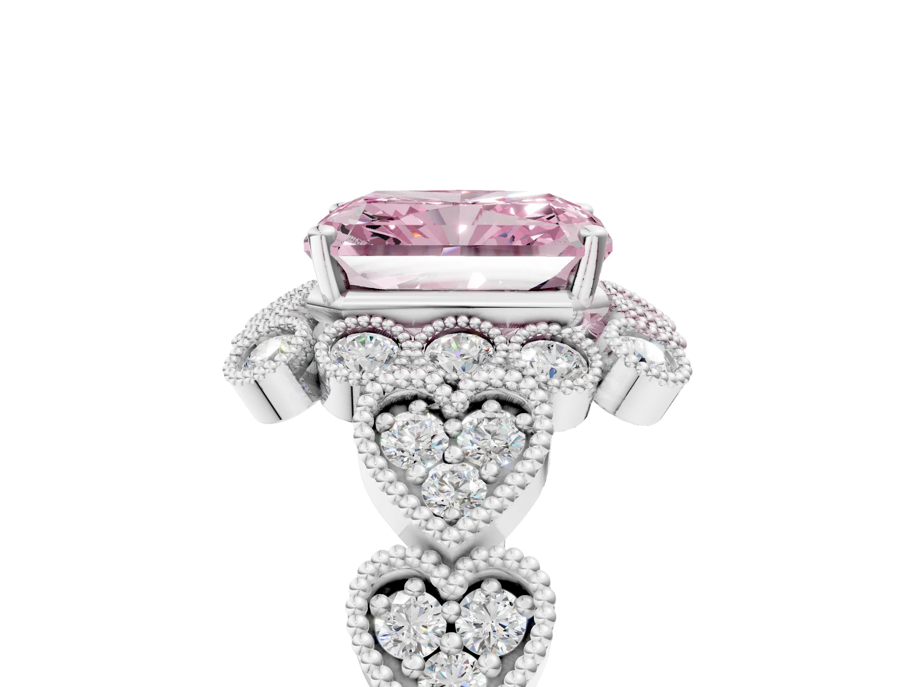 White gold Fancy Pink Radiant Cut Brilliant Milgrain Pave Heart Band Solitaire Ring_5