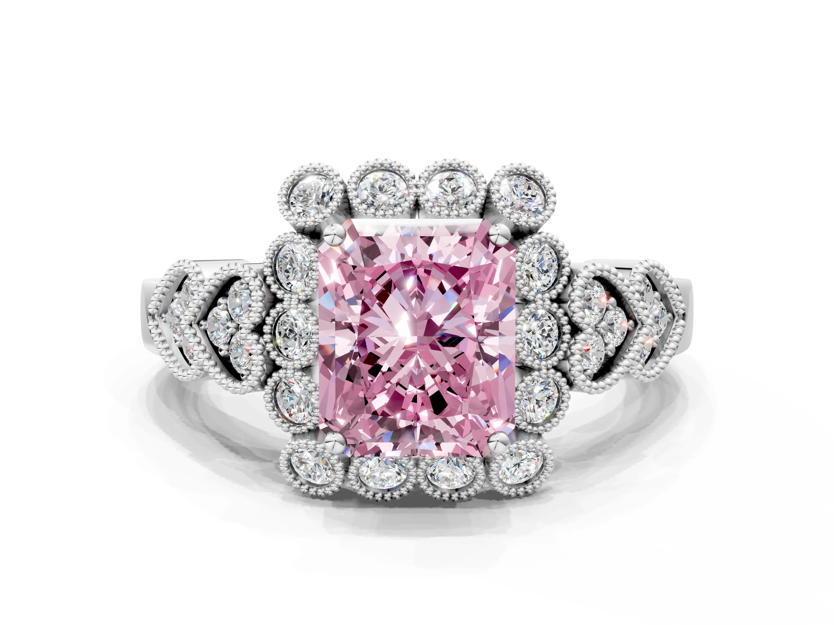 White gold Fancy Pink Radiant Cut Brilliant Milgrain Pave Heart Band Solitaire Ring
