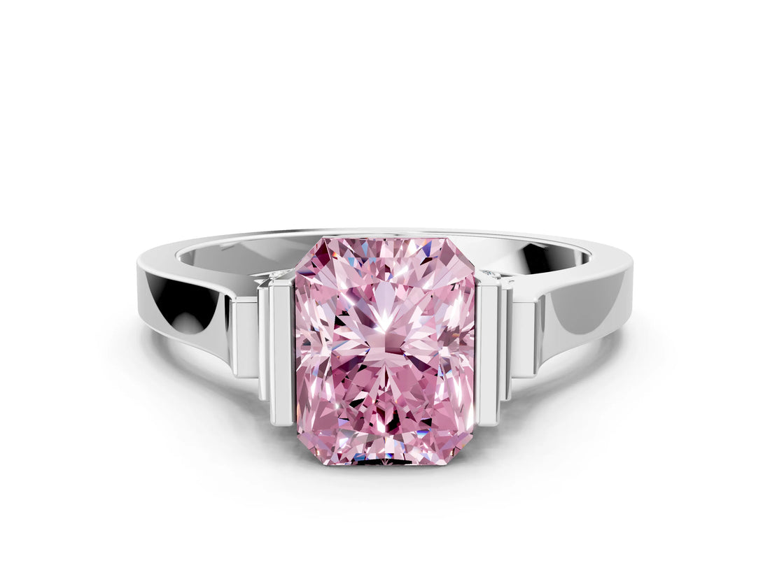 White gold Fancy Pink Radiant Cut Brilliant Solitaire Diamond Ring with Channel Set Band and Bar Prong Setting