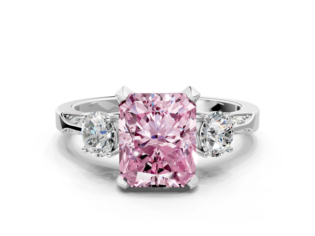 White gold Fancy Pink Radiant Cut Brilliant Three-Stone Diamond Ring with Pavé Band and Four-Prong Setting_15