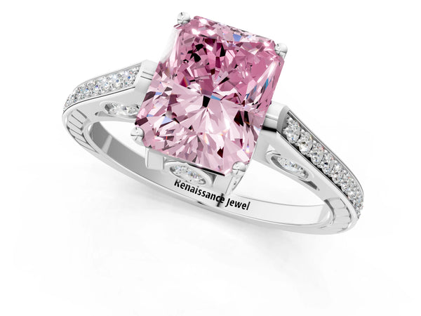 Platinum Fancy Pink Radiant  Cut Cathedral Pave Diamond Engagement Ring with Six-Prong Setting