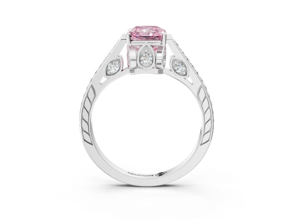 Platinum Fancy Pink Radiant  Cut Cathedral Pave Diamond Engagement Ring with Six-Prong Setting
