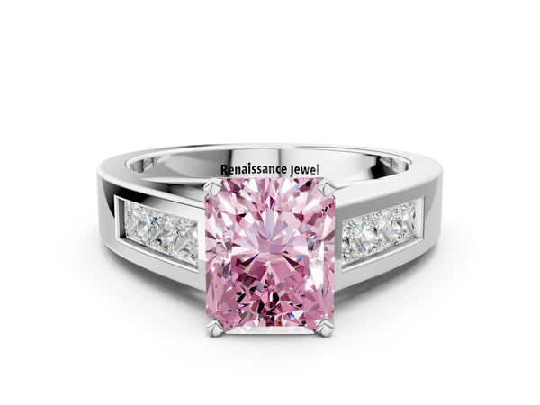 White gold Fancy Pink Radiant Cut Cut Channel Set Solitaire Ring with Four-Prong Setting