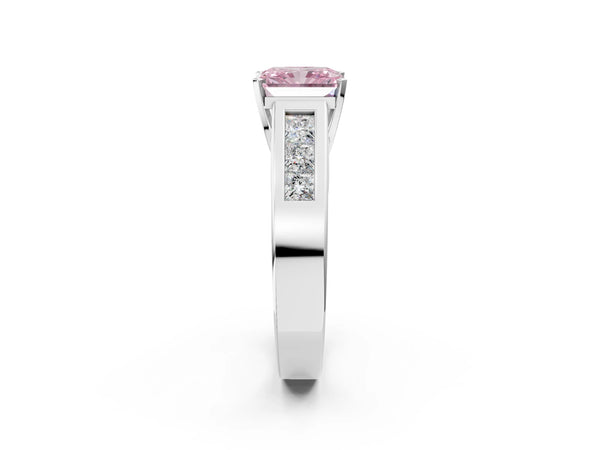 White gold Fancy Pink Radiant Cut Cut Channel Set Solitaire Ring with Four-Prong Setting