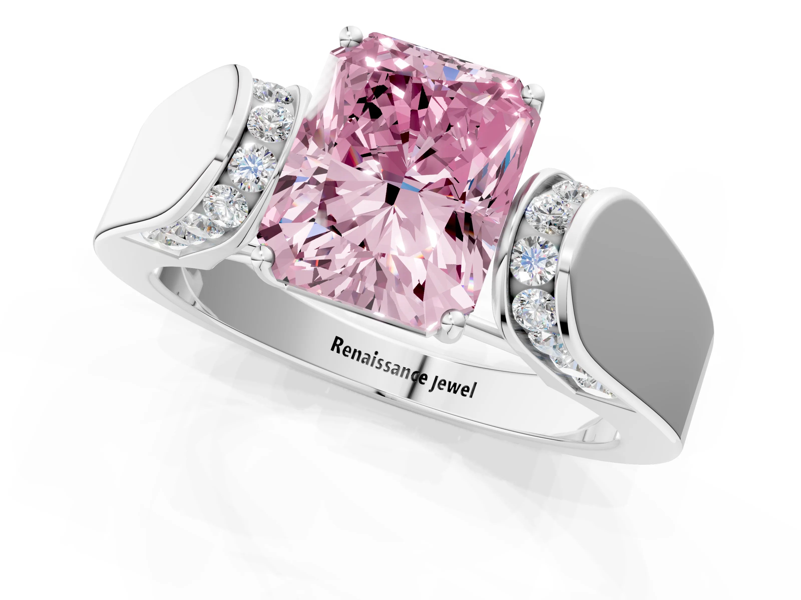 White gold Fancy Pink Radiant Cut Cut Diamond Channel Set Solitaire Ring with Four-Prong Setting_145