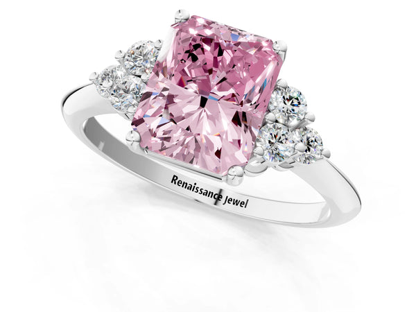 White gold Fancy Pink Radiant Cut Cut Diamond Cluster Ring with Solitaire Band and Four-Prong Setting