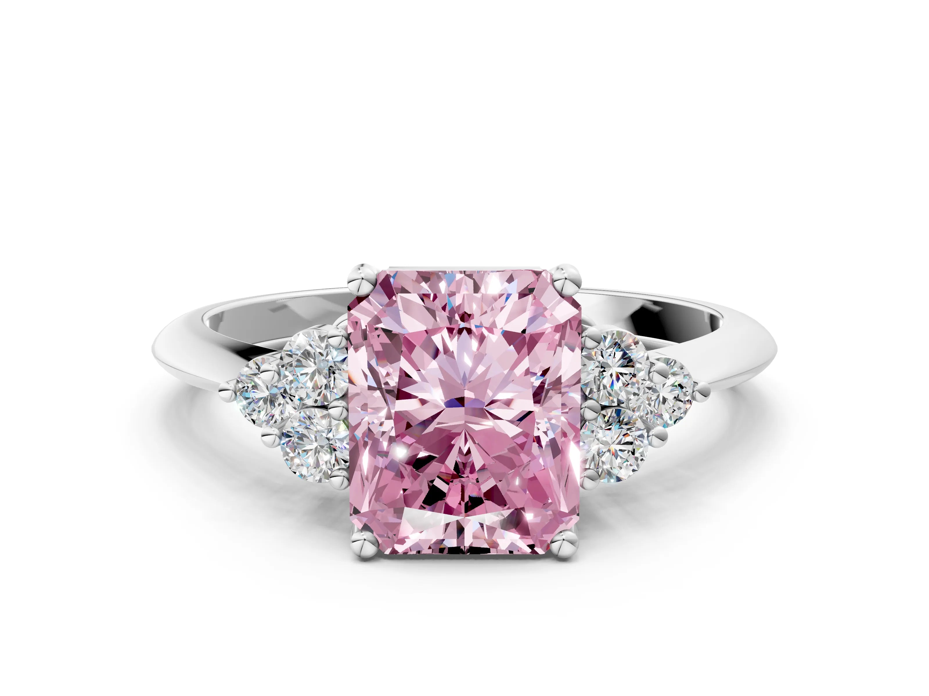 White gold Fancy Pink Radiant Cut Cut Diamond Cluster Ring with Solitaire Band and Four-Prong Setting