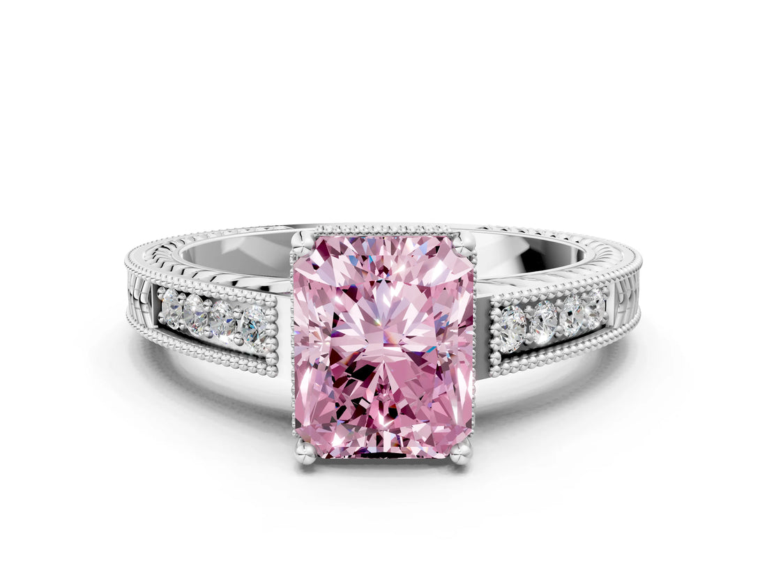 White gold Fancy Pink Radiant Cut Cut Diamond Milgrain Pave Band Four-Prong Setting Ring_15