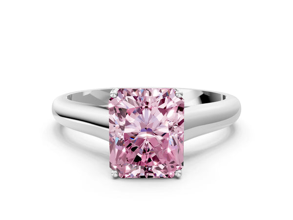Platinum Fancy Pink Radiant Cut Cut Diamond Solitaire Engagement Ring with Tapered Plain Band and Four-Prong Setting