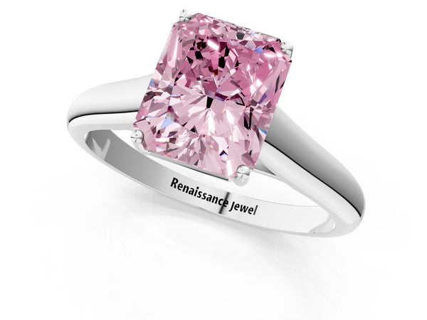 Platinum Fancy Pink Radiant Cut Cut Diamond Solitaire Engagement Ring with Tapered Plain Band and Four-Prong Setting